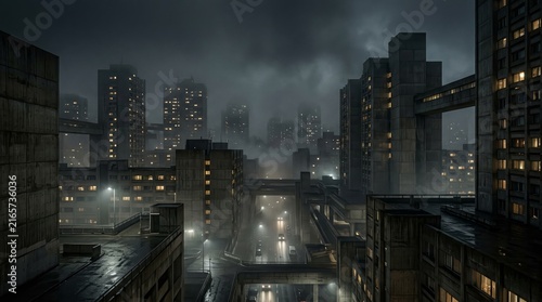 City skyline at night with tall buildings and overcast sky
