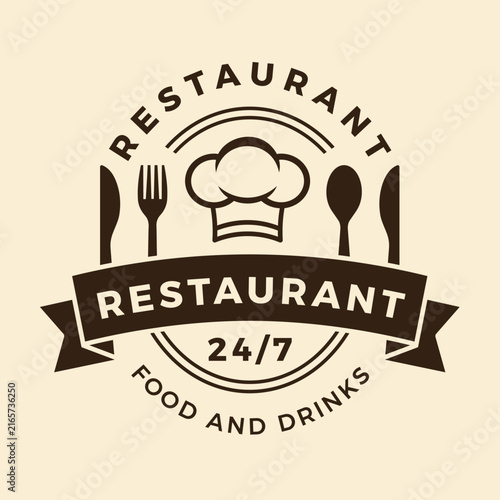 Chef Hat Restaurant Logo Design Template with Fork Knife Spoon Cutlery and Ribbon