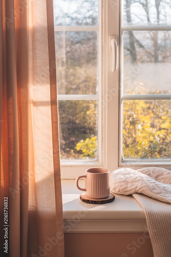 Cozy window scene with a pale pink ceramic mug on a wooden windowsill and knit blanket inside
