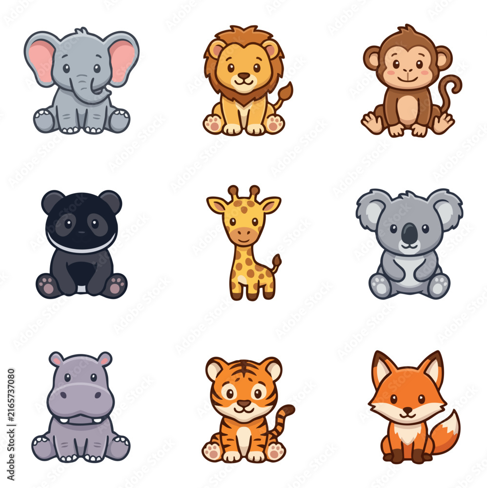 Fototapeta premium Set of cute cartoon safari animals collection