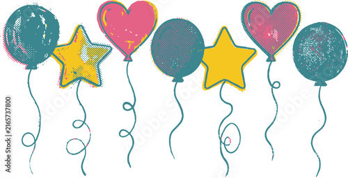 Vintage hand-drawn party balloons vector, retro textured heart and star balloon set, colorful festive celebration elements