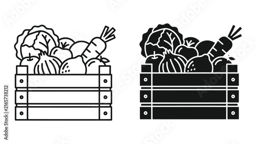 Crate filled with fresh vegetables and fruit vector icon set for organic food market
