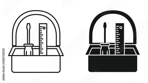 Toolbox containing screwdriver and ruler icon set for construction and repair services
