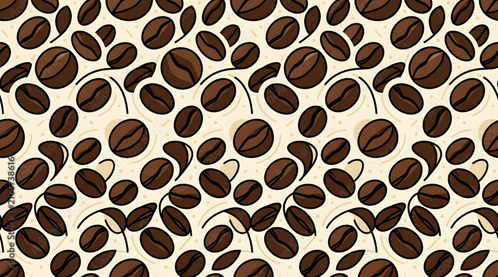 Seamless pattern with brown coffee beans on beige background