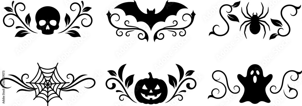 Fototapeta premium Set of decorative halloween border elements featuring black silhouettes of skulls bats spiders pumpkins and ghosts