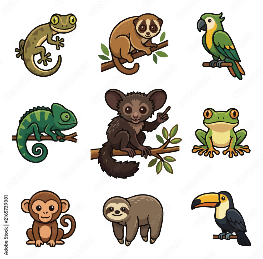Naklejka premium Collection of cute cartoon jungle animals and creatures on branches
