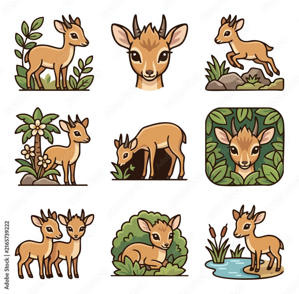 Obraz premium Cute antelope calf illustration set forest habitat animal elements
