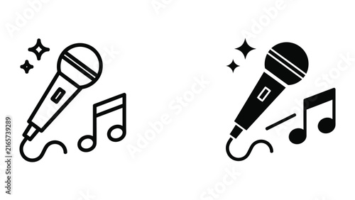 Handheld microphone with cable and musical note vector icon set