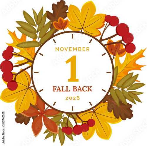 Fall back 2026 poster template. Clock face with Autumn leaves, November 1 Sunday message. Daylight saving time ends reminder. Vector wintertime illustration