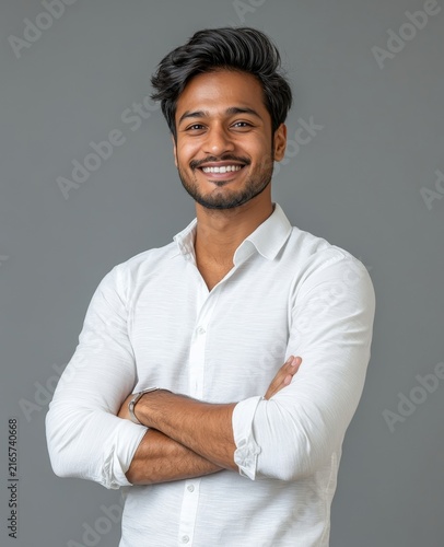 Smiling young man with dark hair wearing a white shirt standing against a neutral gray backdrop