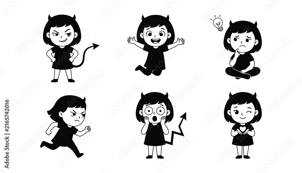 Obraz premium Cute Little Devil Girl Cartoon Character Set with Various Expressions and Poses in Black and White Silhouette Vector Style for Halloween Graphic Designs