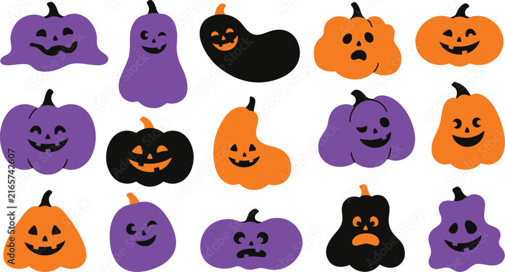 Obraz premium Halloween jack o lantern faces vector set in orange purple and black