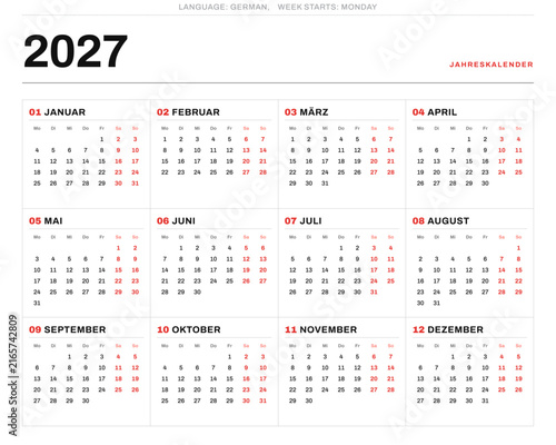 2027 monthly german calendar from Germany vector illustration