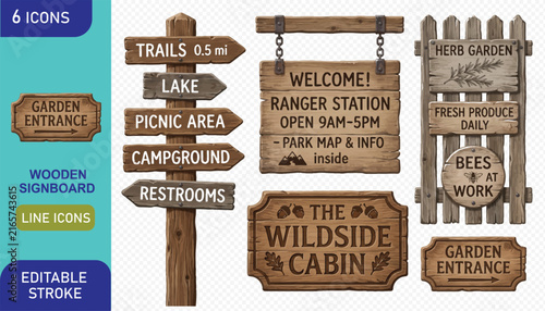 Vector collection of rustic wooden signboards for park, garden, and outdoor areas, featuring directions and information.