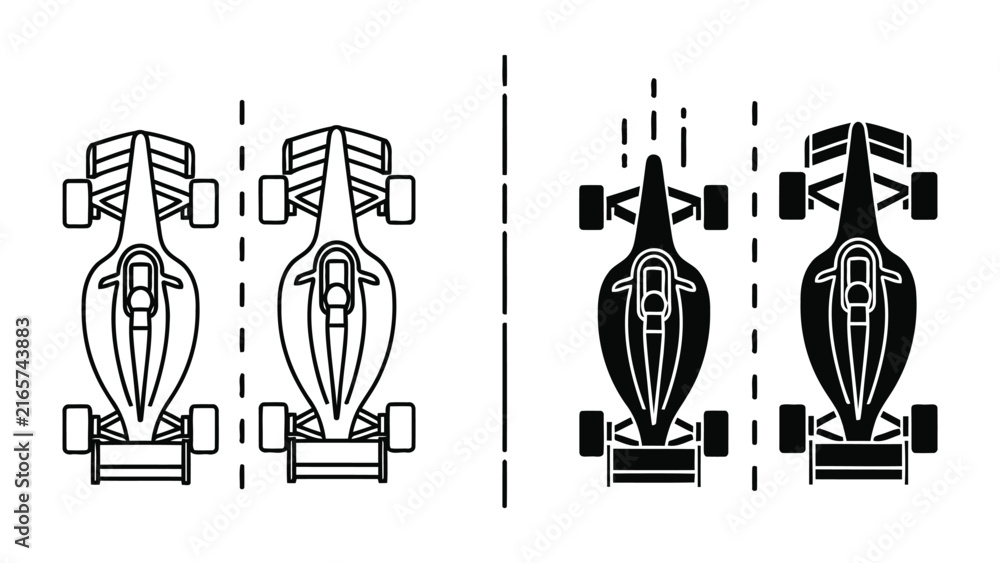 Fototapeta premium Formula one racing car top view vector icons in two different styles