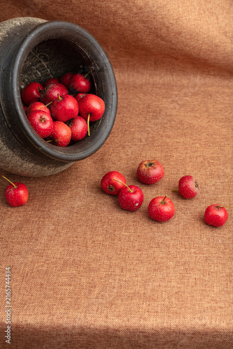 Canvastavla Red Hawthorn Fruits in Clay Pot on Brown Linen Background