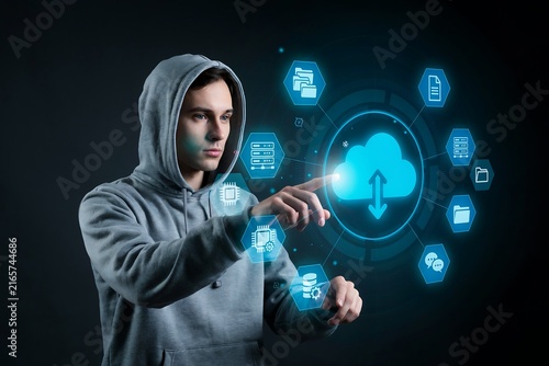 Young man in hoodie interacting with a futuristic digital cloud computing interface hologram
