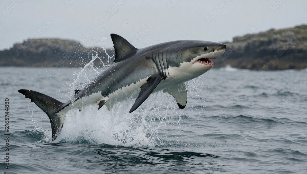 Fototapeta premium Great white shark breaching out of the water