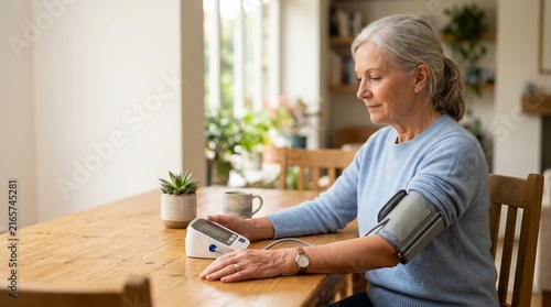 Elderly woman checking blood pressure at home in a cozy living room