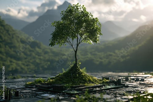 Sustainable Technology Concept with Tree Growing on a Circuit Board