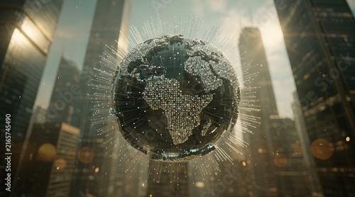 Digital globe floating between city skyscrapers representing global connectivity and technology.