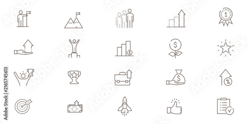 Success and growth line icon set featuring modern business symbols for career development, personal achievement, professional advancement, financial growth, progress, goals, and business success.