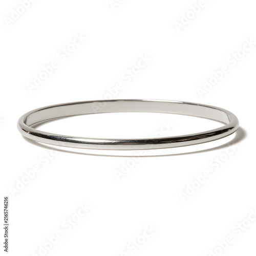 Elegant silver bangle bracelet on a clean white backdrop, showcasing simplicity and sophistication.