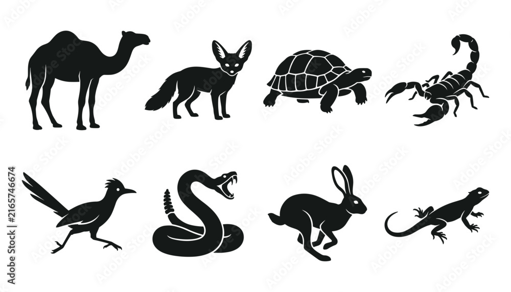 Obraz premium Desert Animals Silhouette Vector Set with Camel Fennec Fox Tortoise Scorpion Roadrunner Rattlesnake Jackrabbit and Lizard Wild Wildlife Illustrations