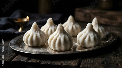 Traditional Indian Modak sweets on silver platter with diya.