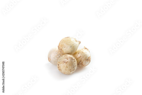 Canvastavla Fresh White Mushrooms with Dirt and Rootlets on White Background