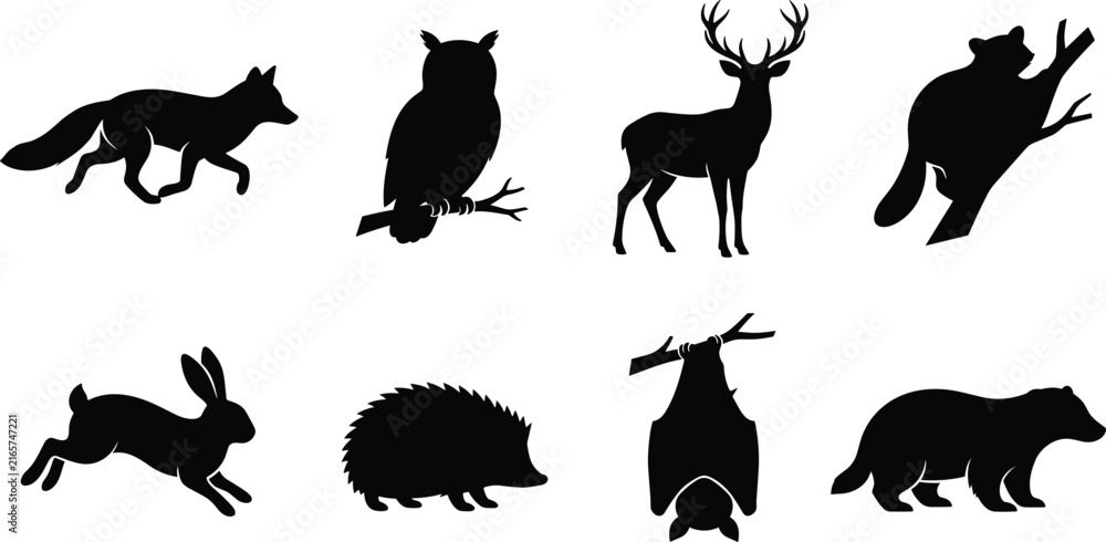 Fototapeta premium Woodland and forest wild animals silhouettes vector illustration set with fox owl deer raccoon rabbit hedgehog bat and badger
