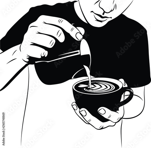 Barista hand pouring milk into a coffee cup for latte art with coffee shop cafe culture cafe life