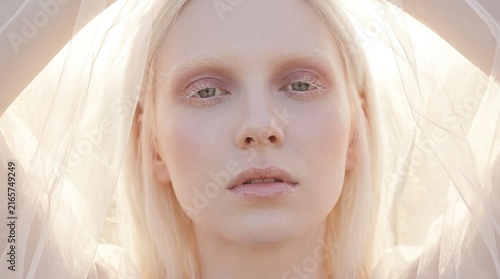 Dreamy portrait of a model with delicate features wearing a translucent veil illuminated by gentle natural light