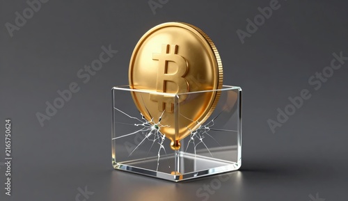 Giant Gold Bitcoin Cracking a Small Fragile Glass Cube, Cryptocurrency Bubble Concept