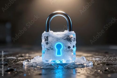 Surreal Melting Ice Padlock with Glowing Neon Blue Keyhole, Cyber Security Concept