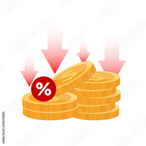 Price Drop and Discount Vector. Stacked Gold Coins with Falling Red Arrows and Percentage Icon For Sale Promotion Banner, Inflation Loss, and Market Fall Infographic