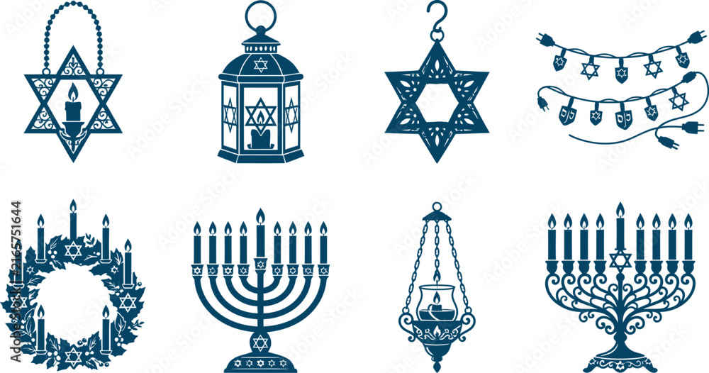 Naklejka premium Traditional Jewish Symbols and Ritual Items Depicted in Artistic Blue and White Illustrations for Religious Observance