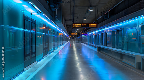 Hospitalet metro station platform, empty, modern and futuristic, with blue ambient lighting and protective doors for train access