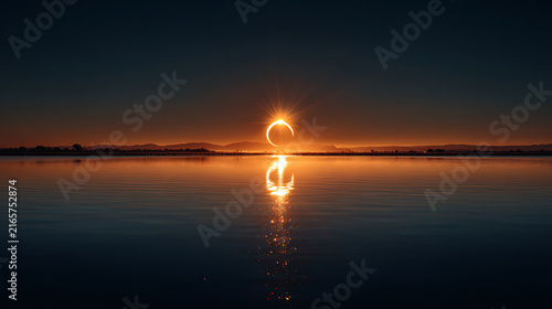 Total solar eclipse over a coastal lagoon at sunset with a spectacular reflection of the sun in the water in the Albufera