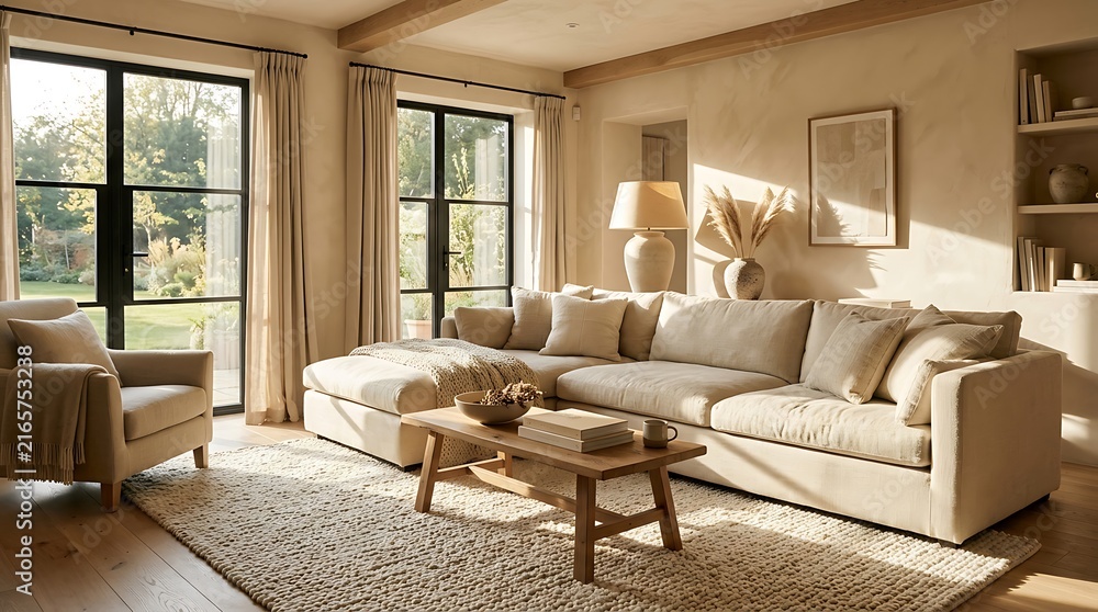 Fototapeta premium Warm Beige Living Room with Linen Sectional and Wool Rug