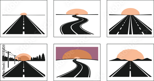 Minimalist road sunset vector set, 6 highway landscape icons, flat asphalt path illustrations for travel and logistics branding