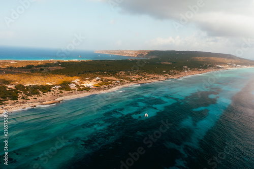 Aerial view of Formentera coastline with turquoise waters, sandy beaches, and lush greenery under a cloudy sky in Balearic Islands, Spain.