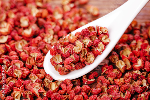 Принти на полотні Dried Red Sichuan Hanyuan Peppercorns in White Spoon - Chinese Cooking Spice Ing