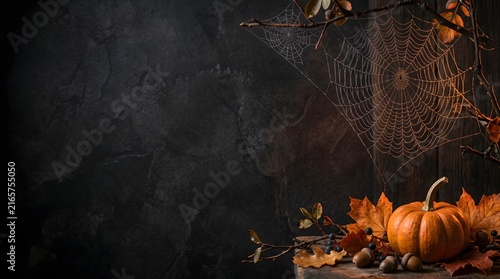 Halloween Spider Web and Pumpkin Background with Copy Space