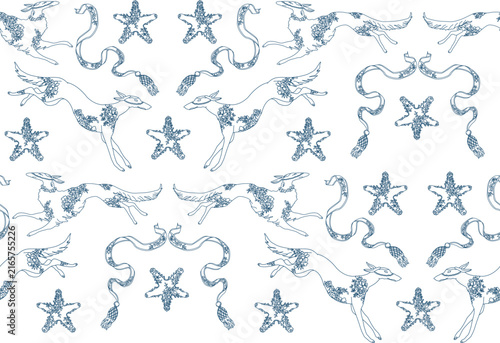 Vintage blue New Year's pattern on a transparent background, suitable for packaging, paper, fabric, and wallpaper.