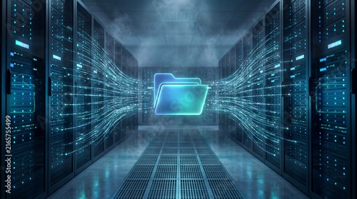 Glowing digital folder icon floating in data center server room with streaming light connections, cloud computing and big data concept
