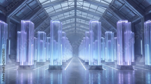 Futuristic crystal laboratory with glowing blue pillars. Sci-fi energy storage facility. Cinematic high-tech server room with neon light.