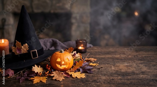 Elegant Halloween Witch Hat and Pumpkin Background with Copy Space