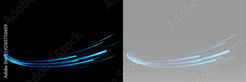 Blue glowing curved light streaks with dynamic motion trails and elegant neon swoosh isolated as a transparent overlay element