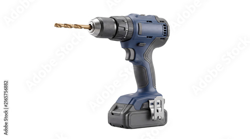 Obraz na plátne Blue and gray cordless power drill with gold drill bit on white isolated on png